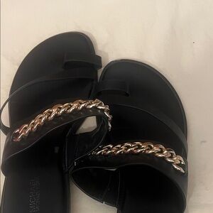 Michael Kors Black Sandals with Gold Chain Accent
